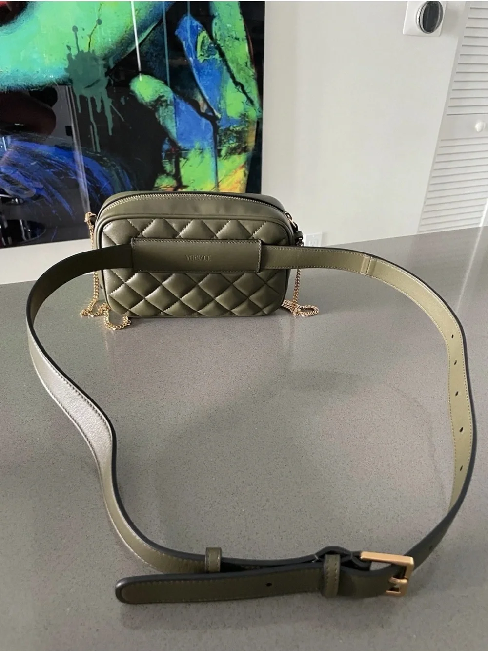 Versace Quilted Olive Green Leather Crossbody with Gold Medallion